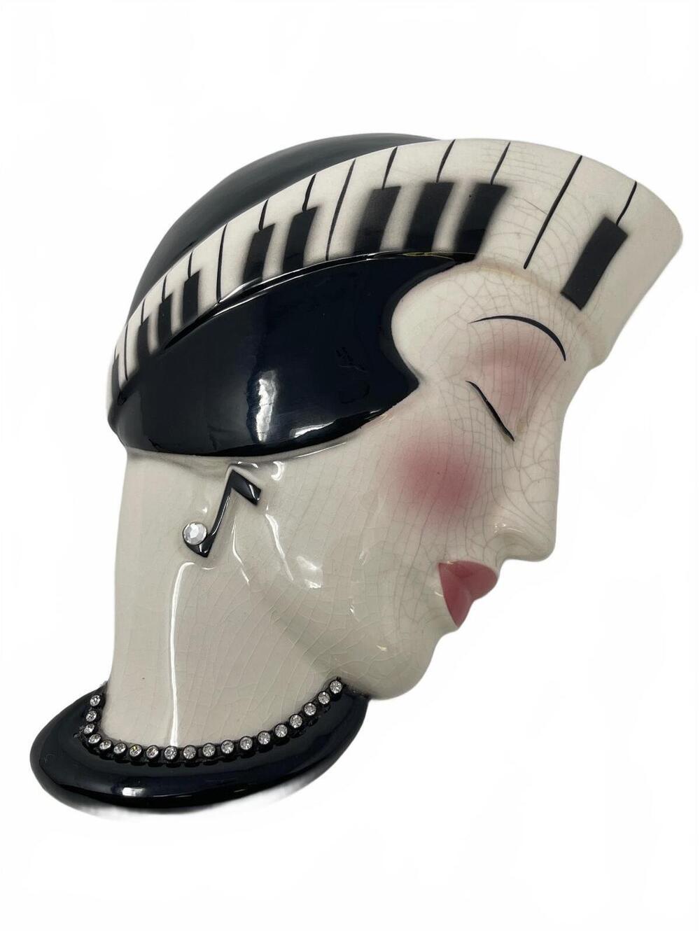 Vintage Art Deco women face wall plaque piano key headdress rhinestone decor